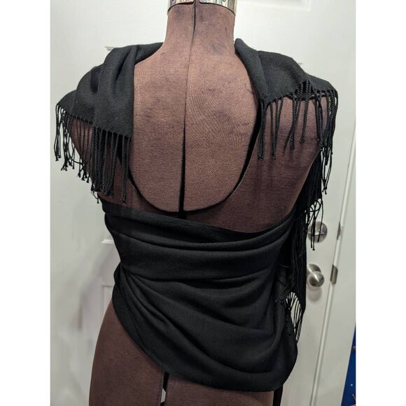 Black Cashmere Shawl Wrap 24.5x72 Soft Long Scarf Minimalist Elegant Boho Gypsy - Picture 7 of 12